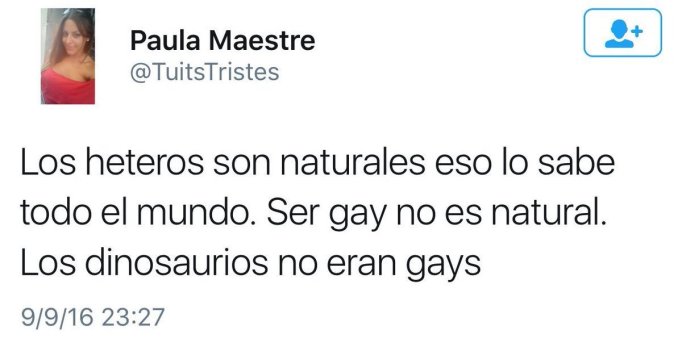 Los heteros son naturales, eso lo sabe todo el mundo. Los gays no son naturales. Los dinosaurios no eran gays.